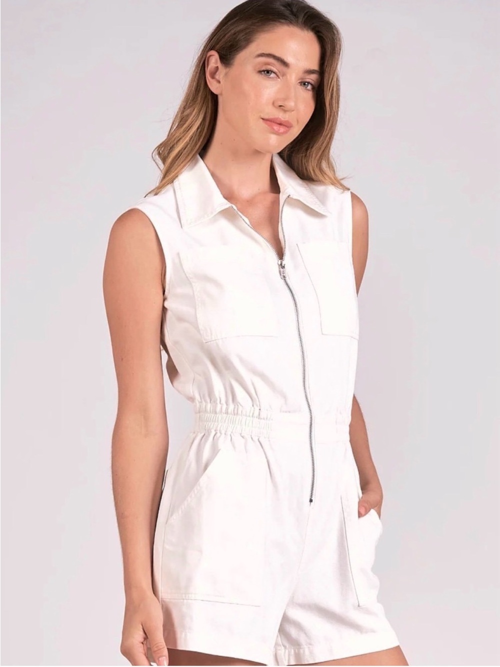 ELAN Sleeveless White Zip-Front Romper